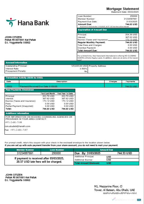 Download UAE Keb Hana bank mortgage statement in Word and PDF formats Photoshop template